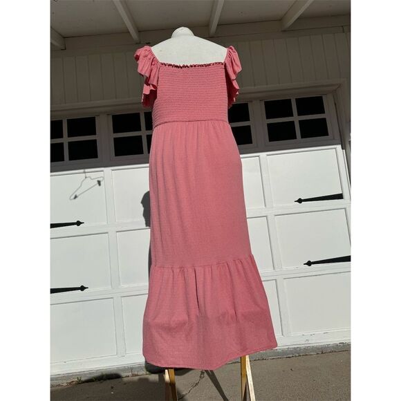 Liberty Love Women's 2XL Pink Smocked Tiered Midi Dress Short Sleeve Ruffle - Picture 7 of 11